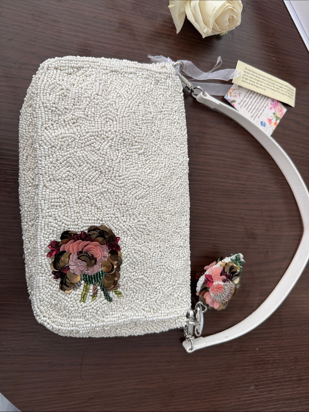 White Beaded Floral Evening Clutch with Pink & Green Embroidery - Picture 2 of 6